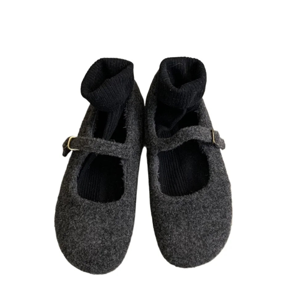 "Elegant Winter Fleece Ballet Flats for Women - Plush Mary Jane Loafers"