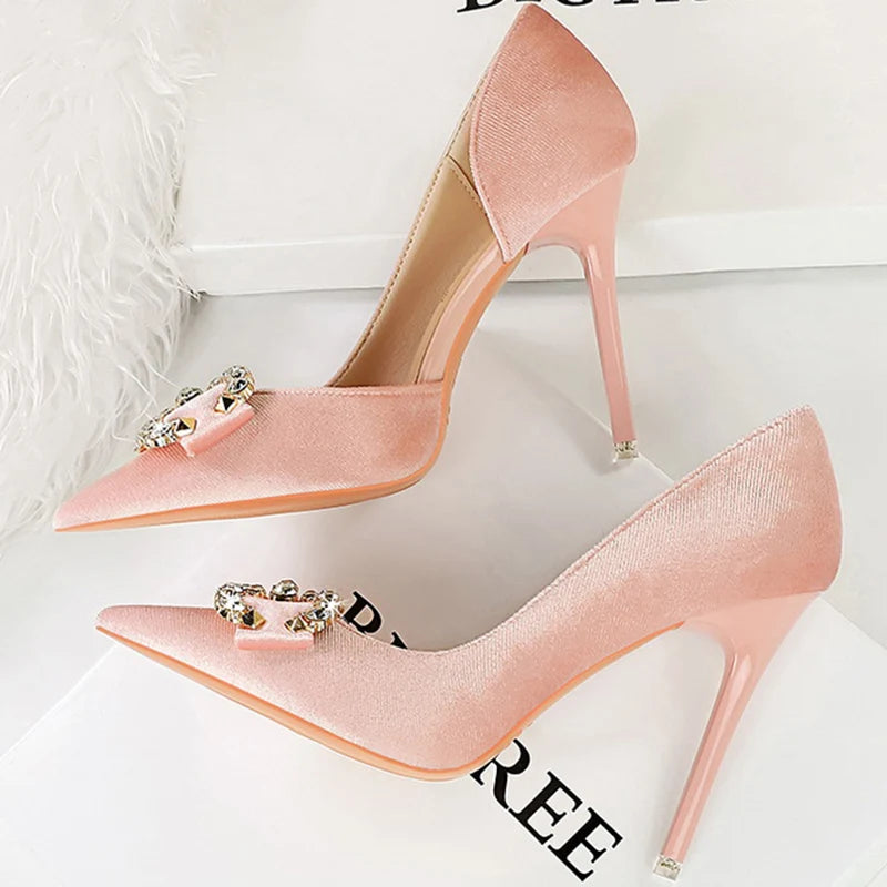 Elegant Velvet Party Pumps with 10.5cm Thin Heels, Hollow Design, Rhinestone Buckle & Butterfly Knots.