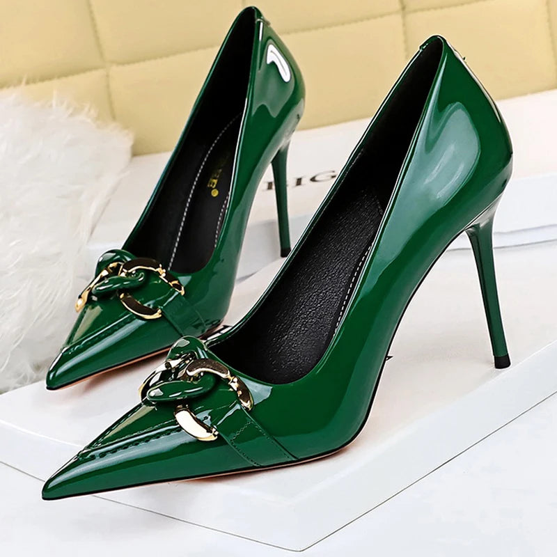 "Elegant Women's Patent Leather High Heels with Metal Belt Buckle - Stylish Stiletto Party Pumps"