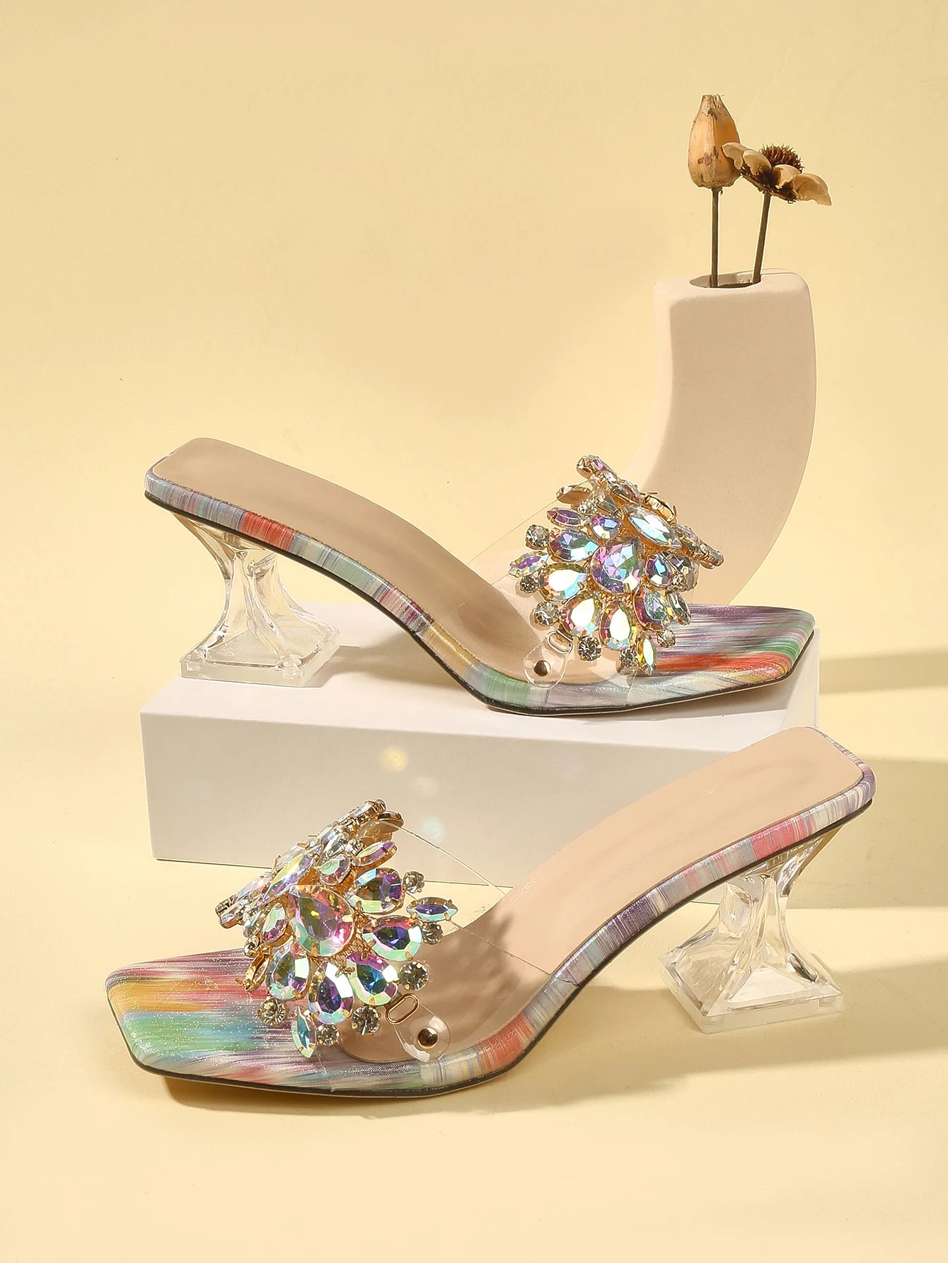 "Summer French Style Fairy Open Toe Rhinestone High Heel Sandals with Comfortable Thick Heels and Multicolor Stones"