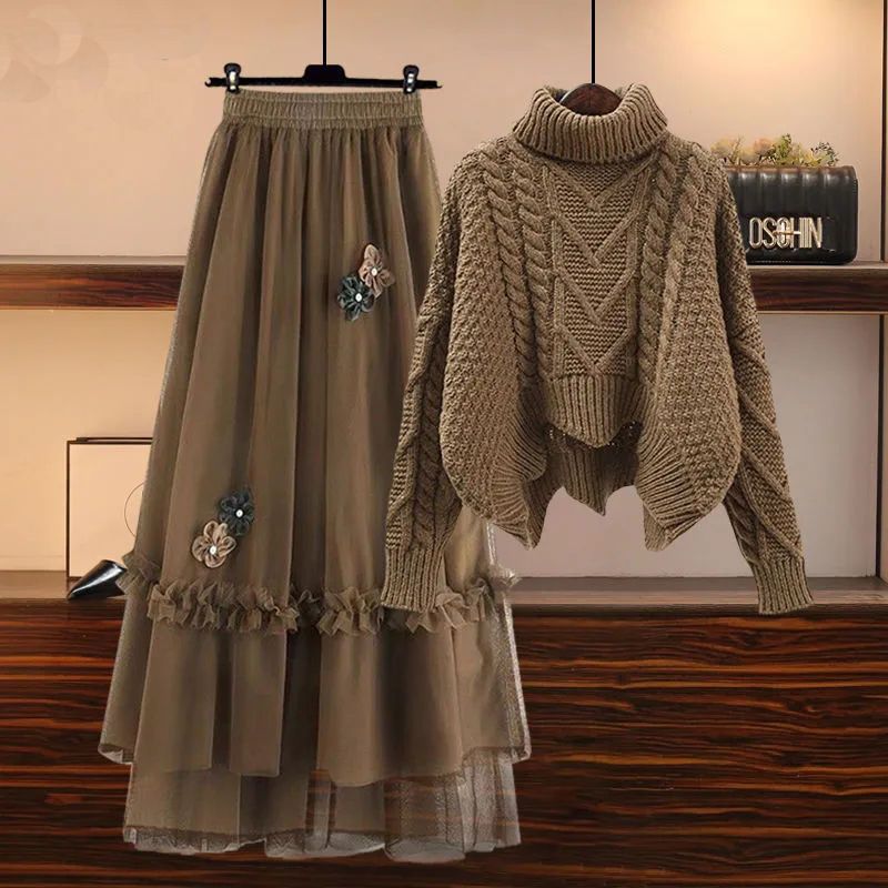 Cozy Senior Knitted Wool Sweater and Skirt Set