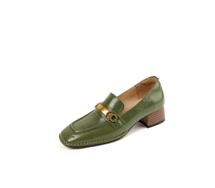"Women’s Genuine Leather Loafers with Square Toe, Chunky Heel, and Metal Buckle – Handmade Pumps"