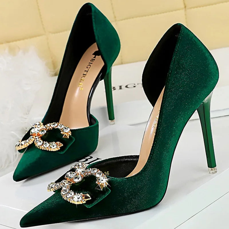 Elegant Velvet Party Pumps with 10.5cm Thin Heels, Hollow Design, Rhinestone Buckle & Butterfly Knots.