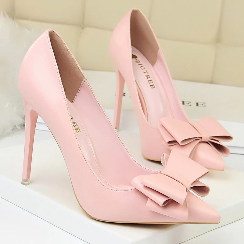 "Classic High Heel Stiletto Pumps with Bow-Knot - Luxury PU Leather Women's Banquet Shoes"