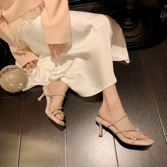 "Diamond Slippers Women's Summer Square Toe High Heels Sandals - Fashion 6cm Heel"