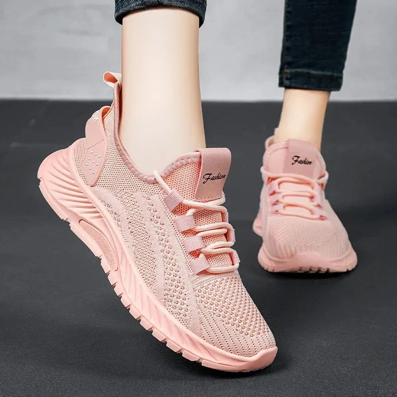 Women's Lightweight Lace-Up Flying Weave Sneakers - Comfortable Non-Slip Athletic Shoes for Gym and Casual Outdoor Wear