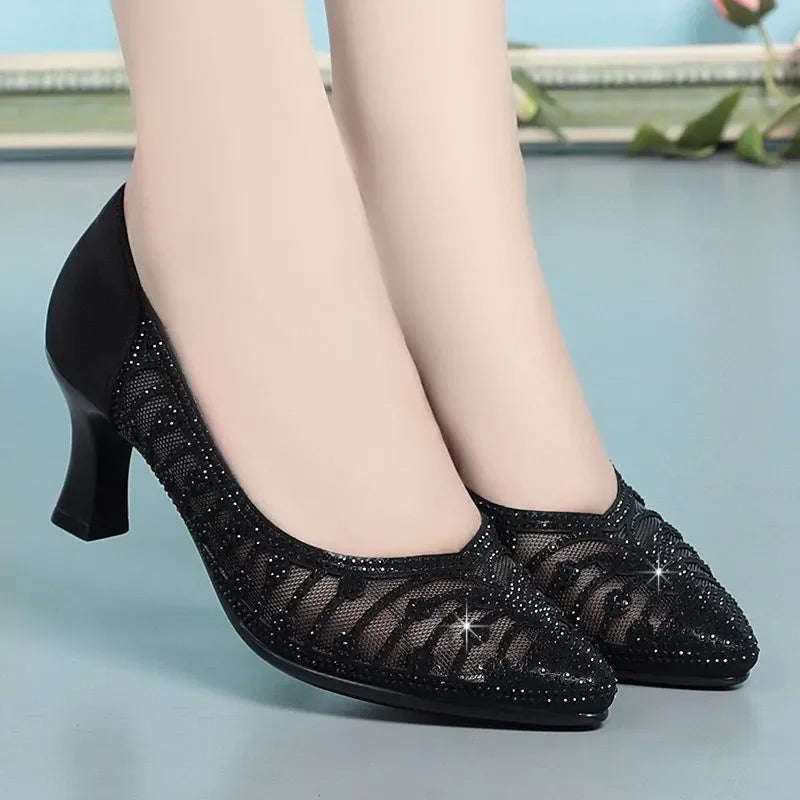 "Chic Hollow-Out Golden High-Quality Square Heel Mesh Pumps for Women – Perfect for Sexy Parties!"